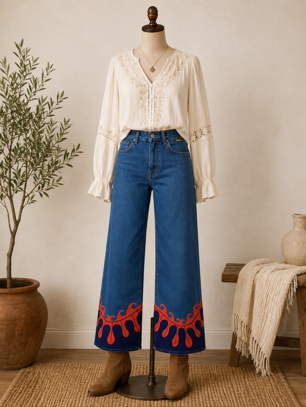 MOTHER Wide-Leg Jeans in Blue with Red Accent Hem